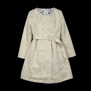 Classic Ivory Brocade Floral Gold Metallic Accents Belted Fit Flare Dress Size L